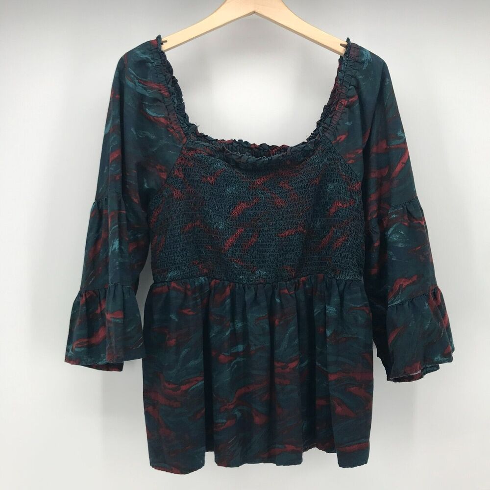 Terra & Sky Top Womens 0X 14W Plus Green Red Print Smocked Peplum 3/4 BellSleeve